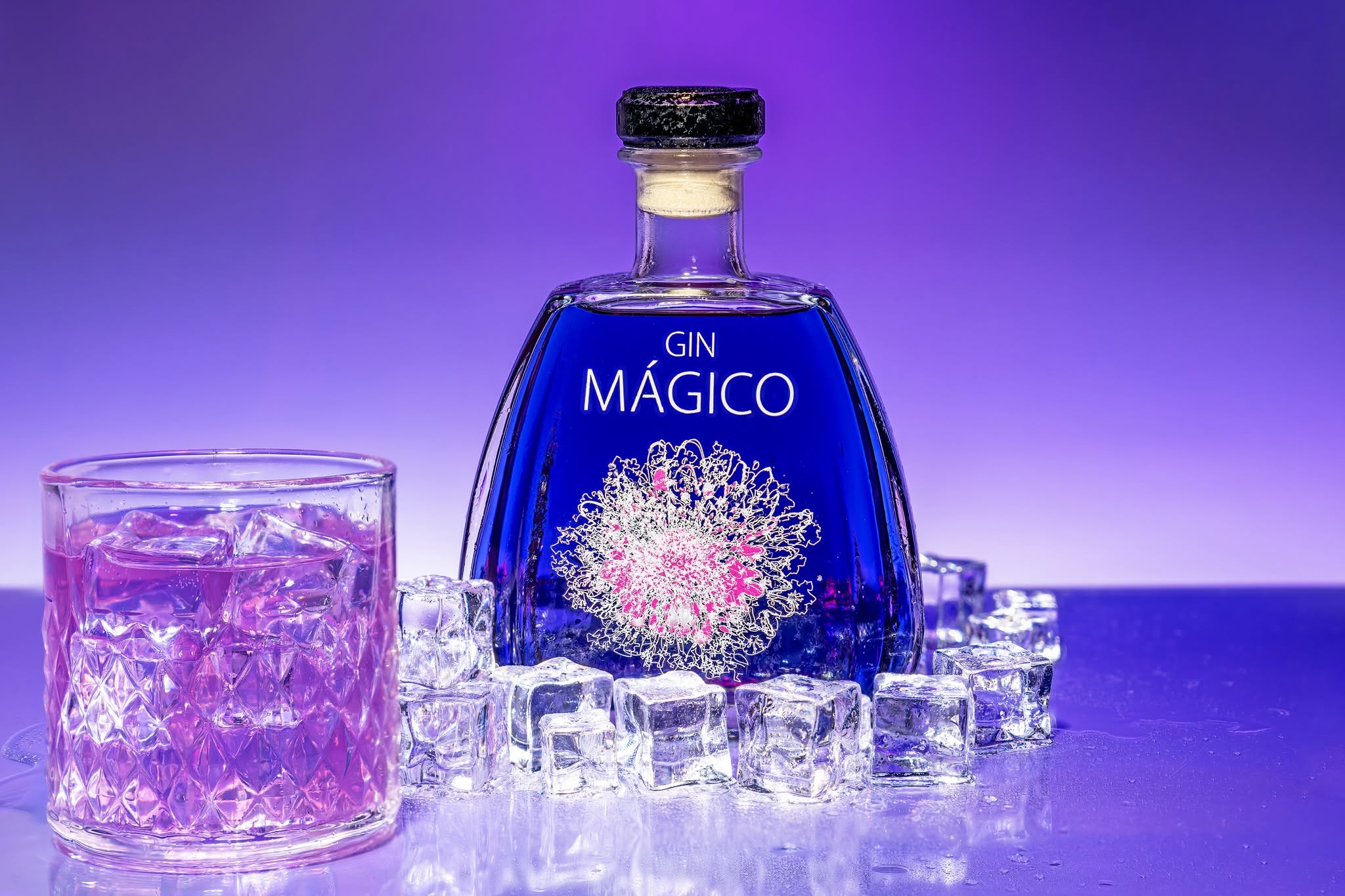 Gin M&aacute;gico, still life con ghiaccio e cocktail su sfondo viola