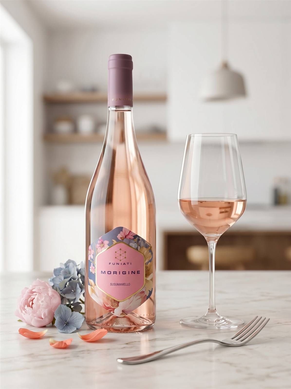 Vino rosé Funiati Morigine, still life in cucina