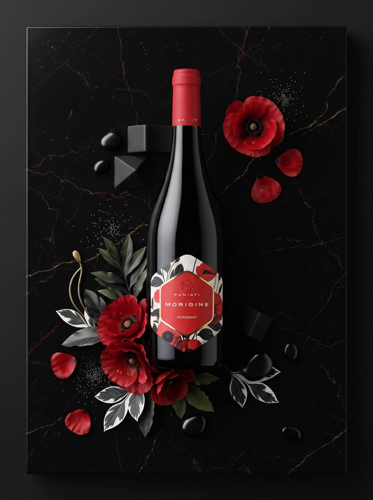 Vino rosso Funiati Morigine, flat lay a tema floreale