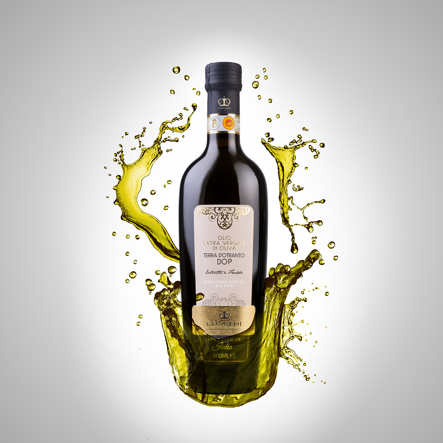 Olio Congedi, still life con splash in movimento